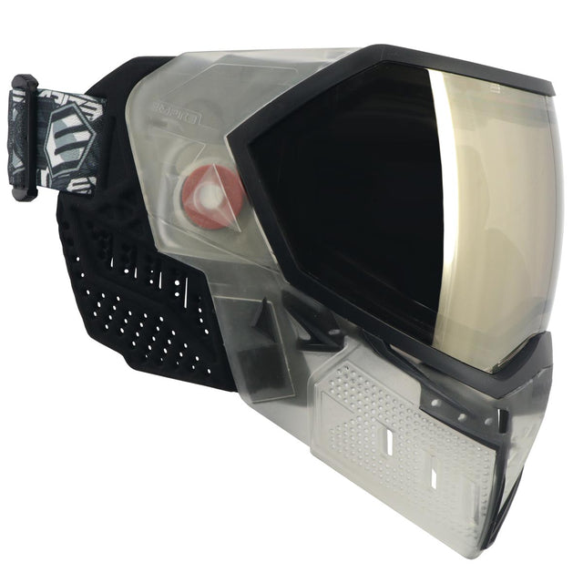 Right side of Black and clear white paintball mask with reflective lens Empire EVS Goggle Clear Black HD Black Chrome Lens on a white