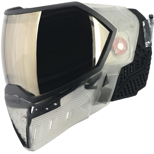 Black and clear white paintball mask with reflective lens Empire EVS Goggle Clear Black HD Black Chrome Lens on a white background