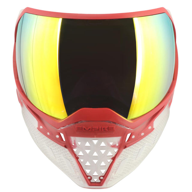 Front of Red and clear white paintball mask with yellow reflective lens Empire EVS Goggle Clear Red Fire Mirror Lens on a white background
