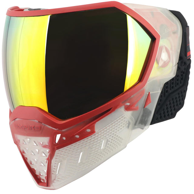 Red and clear white paintball mask with yellow reflective lens Empire EVS Goggle Clear Red Fire Mirror Lens on a white background