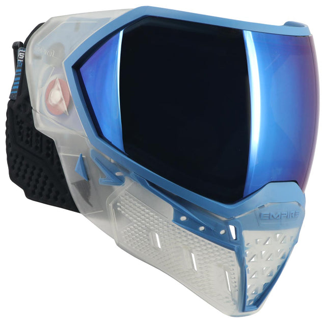 Right side angle Blue and clear white paintball mask with a blue mirror lens Empire EVS Goggle Clear Blue on a white background