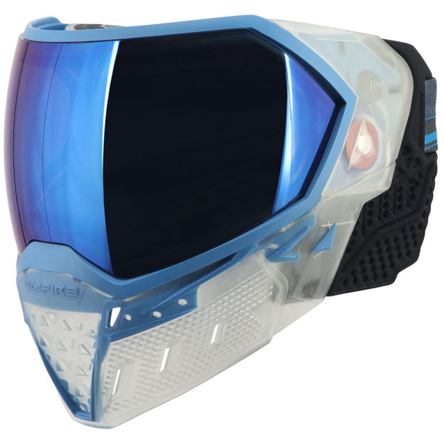Blue and clear white paintball mask with a blue mirror lens Empire EVS Goggle Clear Blue on a white background