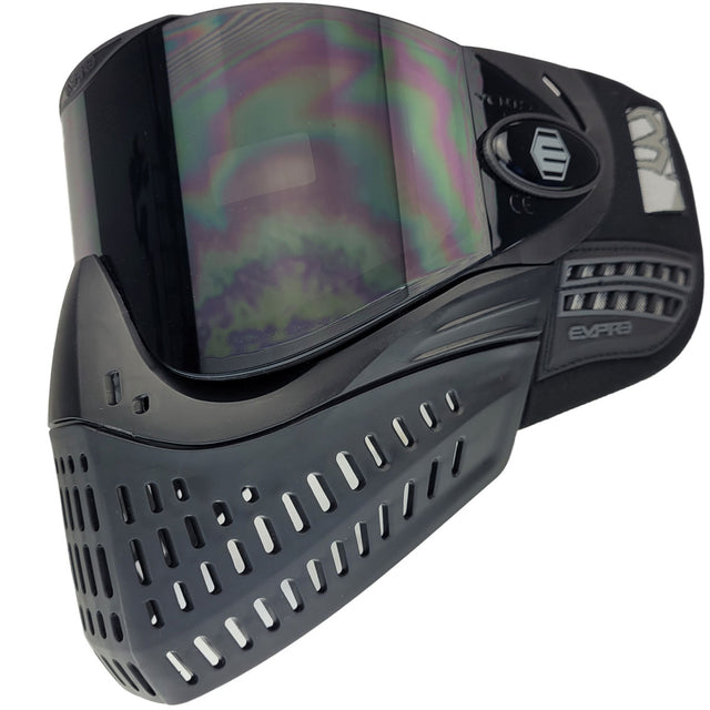 Black paintball mask with black lens Empire E-Vent Goggle Black w Ninja Lens on a white background