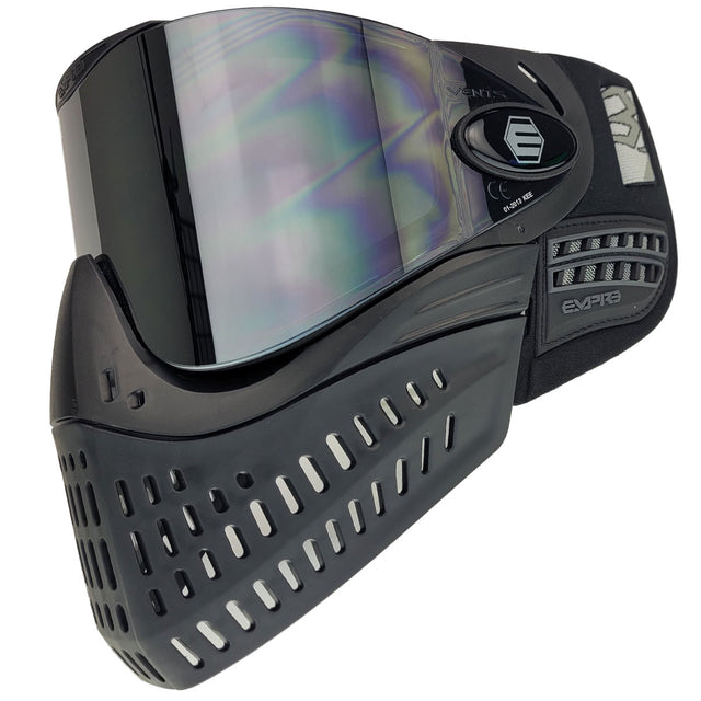 Black paintball mask with a silver lens Empire E-Vent Goggle Black w Ninja Lens on a white background