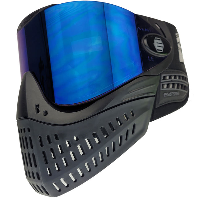 Black paintball mask with blue lens Empire E-Vent Goggle Black on a white background