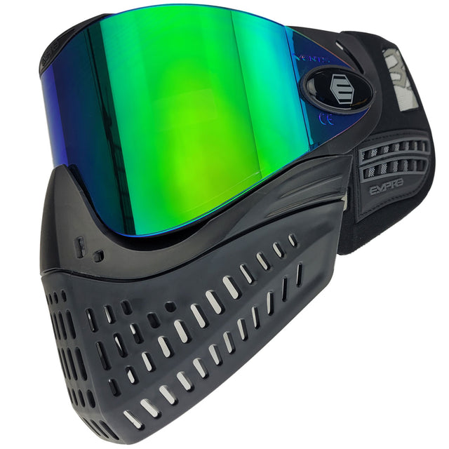 Black paintball mask with a green lens Empire E-Vent Goggle on a white background