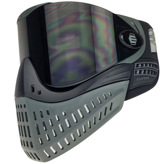 Black and grey paintball mask with black lens Empire E-Vent Goggle on a white background
