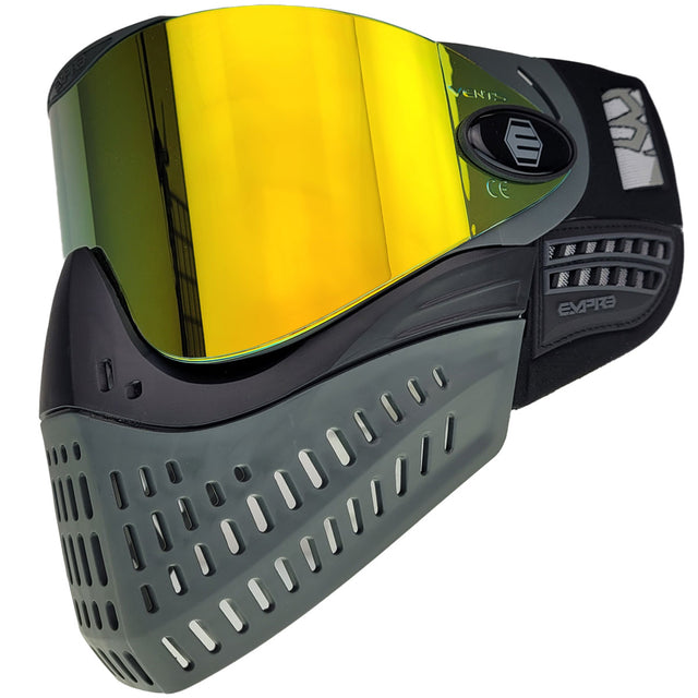 Black and grey paintball mask with yellow lens Empire E-Vent Goggle on a white background