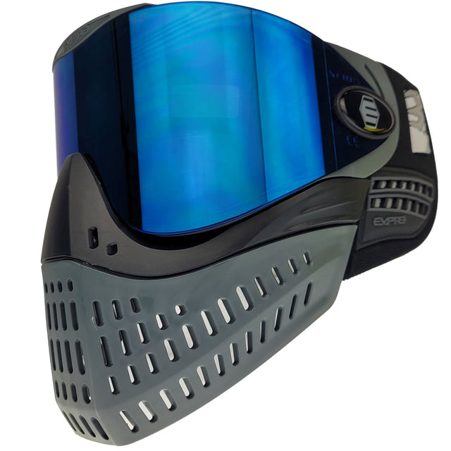 Black and grey paintball mask with blue lens Empire E-Vent Goggle on a white background