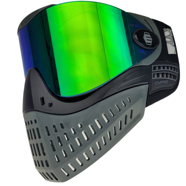 Black and grey paintball mask with a green lens Empire E-Vent Goggle on a white background