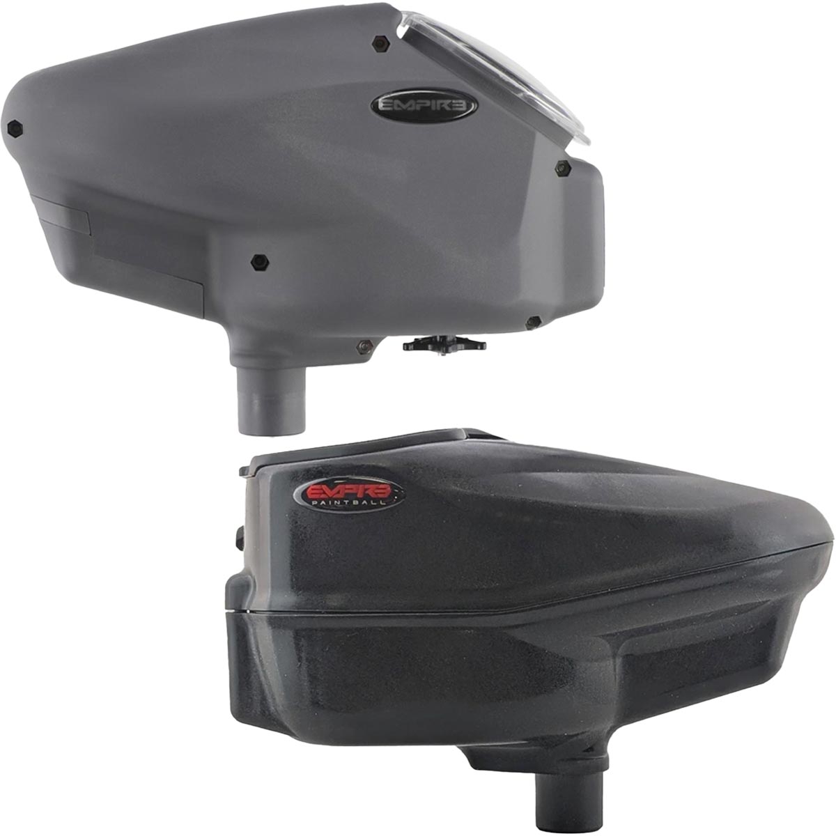 The image shows two components of the Empire Halo Too Loader, a grey force-fed paintball hopper and a black pro shell kit.