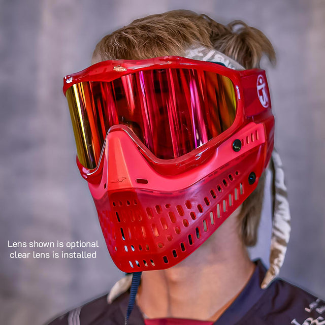 JT ProFlex Birthstone Ice July Ruby Goggle Red protective mask with a red lens on a blurred background