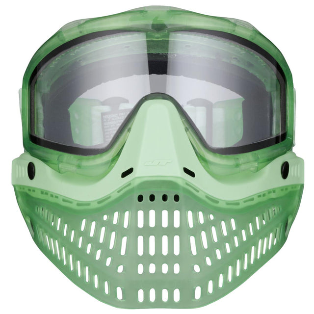 Green JT ProFlex Birthstone Ice August Peridot Goggle paintball mask with clear visor on a white background front view