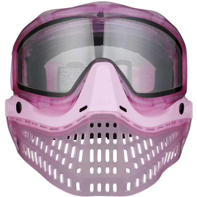 Pink JT ProFlex Birthstone Ice October Opal Goggle Pink paintball mask with clear lens on a white background