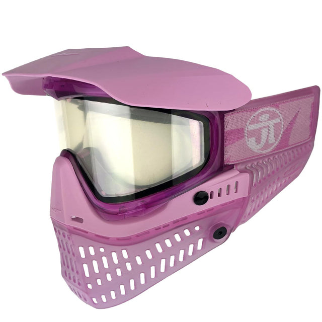 Pink JT ProFlex Birthstone Ice October Opal Goggle Pink paintball mask with a clear visor on a white background
