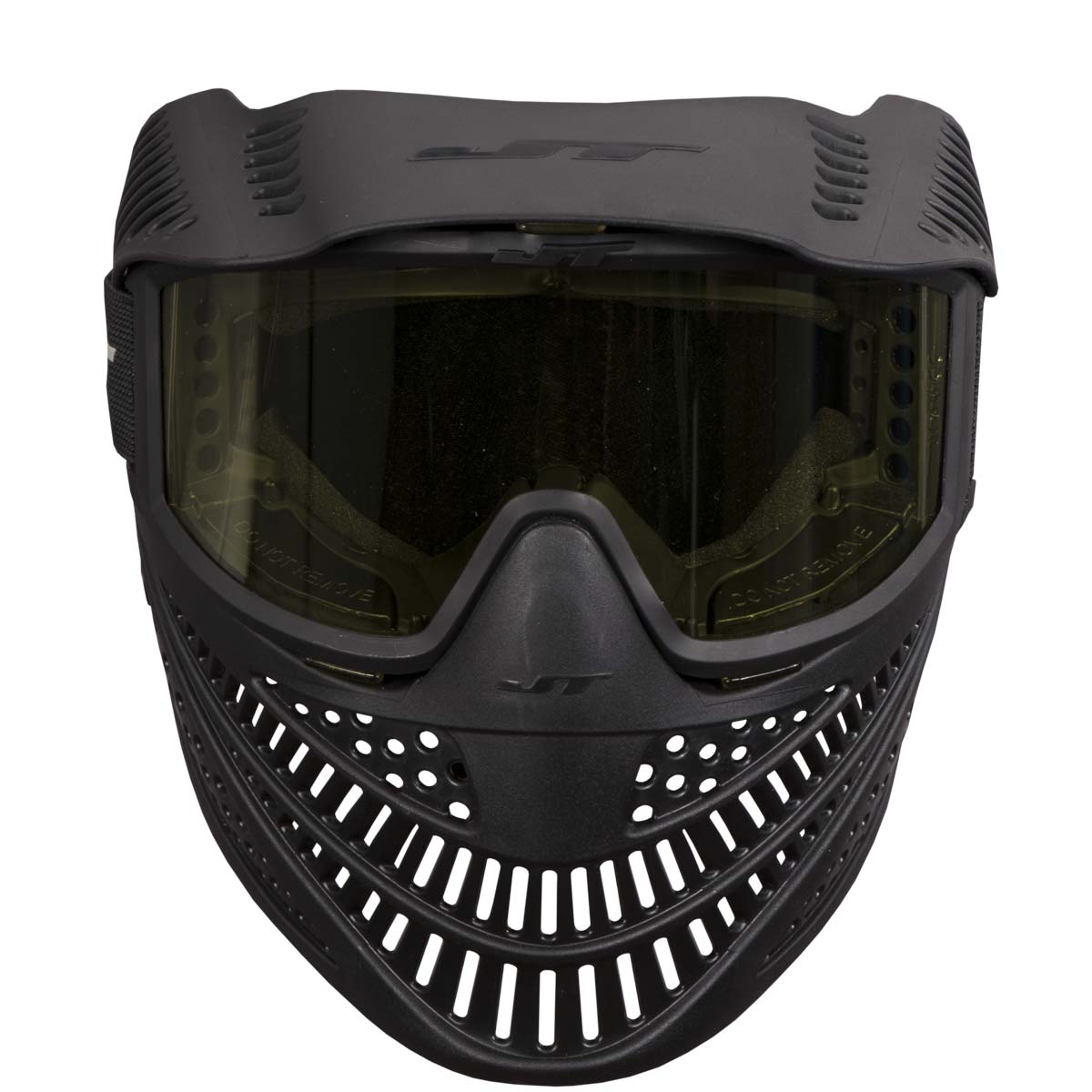 Front Black JT Elite Prime Paintball Goggle with Single Yellow Lens on a white background.