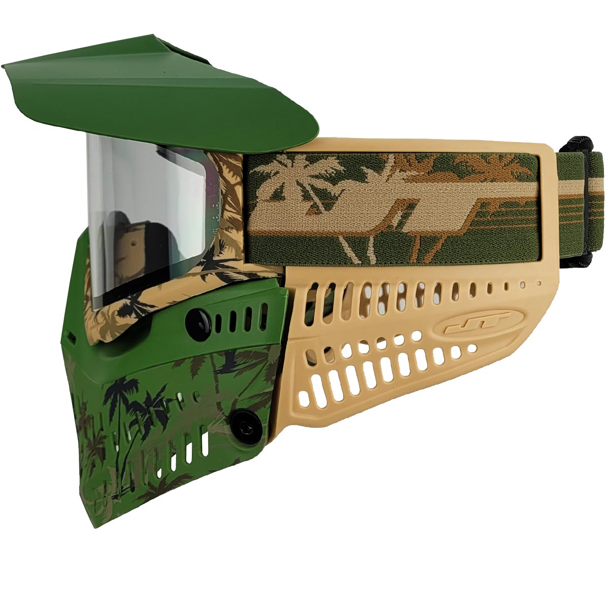 JT Palm Tree Proflex Goggle with Clear lens installed and green visor and tan ears