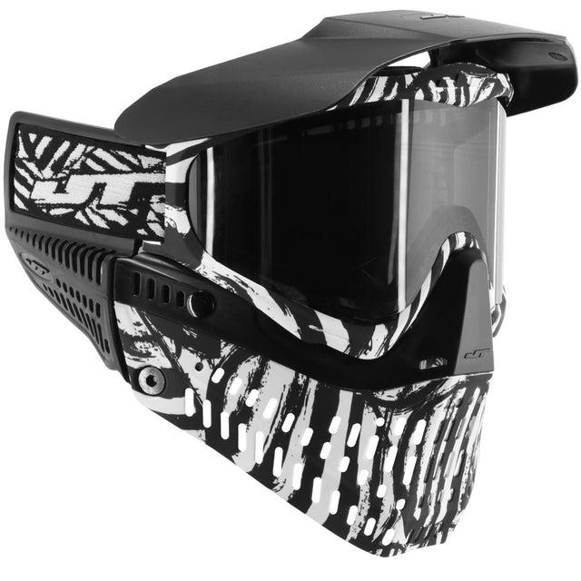 Right side angle Black and white JT ProFlex Zebra Goggle LE w Smoke Lens paintball mask on a white background
