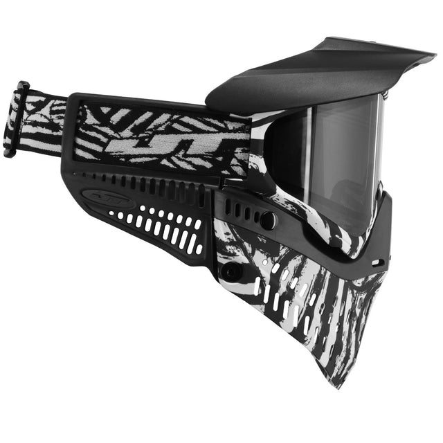 Right side with strap Black and white JT ProFlex Zebra Goggle LE w Smoke Lens paintball mask on a white background