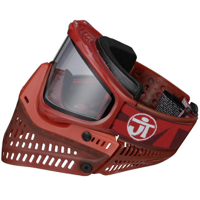 left side red JT ProFlex Birthstone Ice January Garnet Goggle with clear lens on a white background