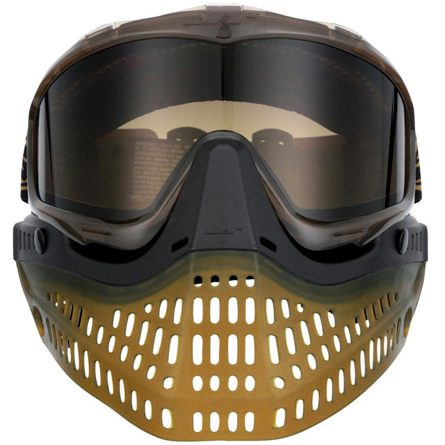 Brown and black paintball mask with a red label on a white background JT Proflex SE Goggle Brown Ice w Bronze Lens