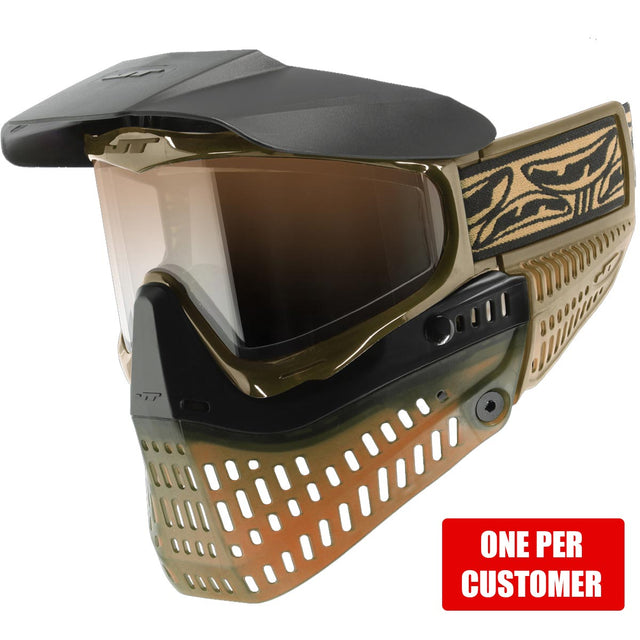 Brown and black paintball mask with a red label on a white background JT Proflex SE Goggle Brown Ice w Bronze Lens