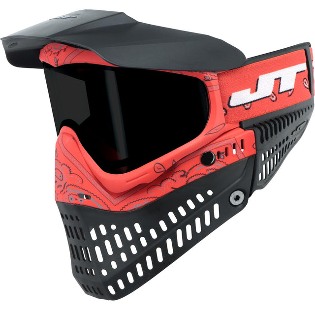 Red and black JT ProFlex Bandana Goggle LE Red w Smoke Lens paintball mask with JT logo on a white background