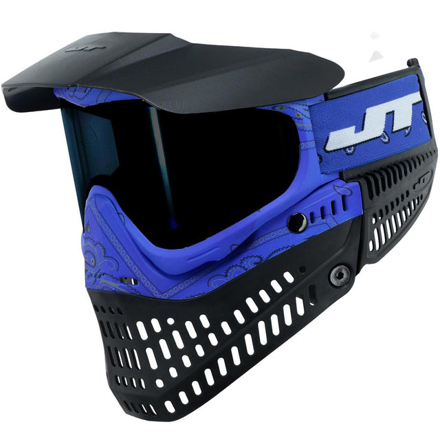 Blue and black JT paintball mask JT ProFlex Bandana Goggle LE Blue w Smoke Lens on a white background
