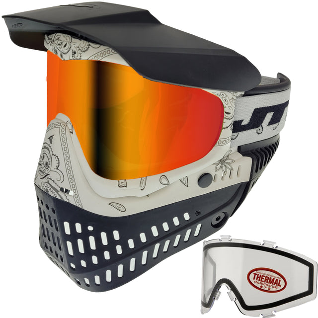 Black and white JT ProFlex Bandana Paintball Goggle White w Hi-Def and Clear Lens on a white back ground