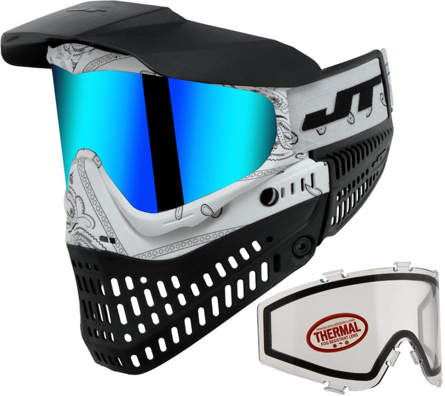 Black and white with a blue lens JT ProFlex Bandana Goggle White w Sky and Clear Lens on a white background