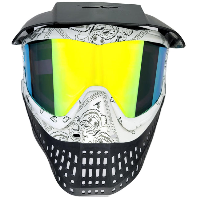 Front of JT ProFlex Bandana Goggle White w Retro and Clear Lens Paintball mask with gold lens and additional clear lens on a white background