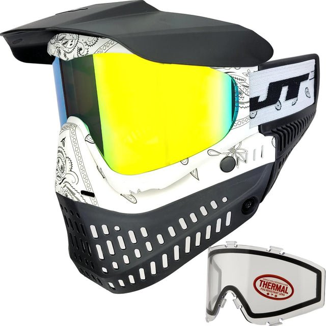 JT ProFlex Bandana Goggle White w Retro and Clear Lens Paintball mask with yellow lens and additional clear lens on a white background