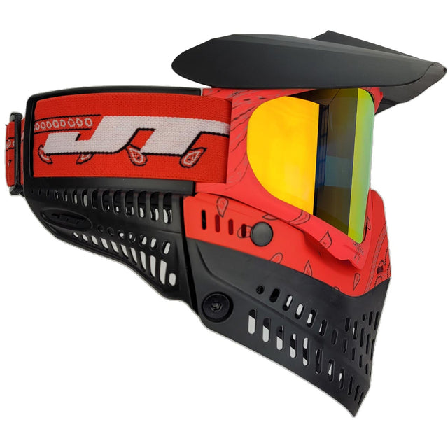 Right side of Red and black JT ProFlex Bandana Goggle Red w Hi Def and Clear Lens paintball mask with yellow orange lens on a white background