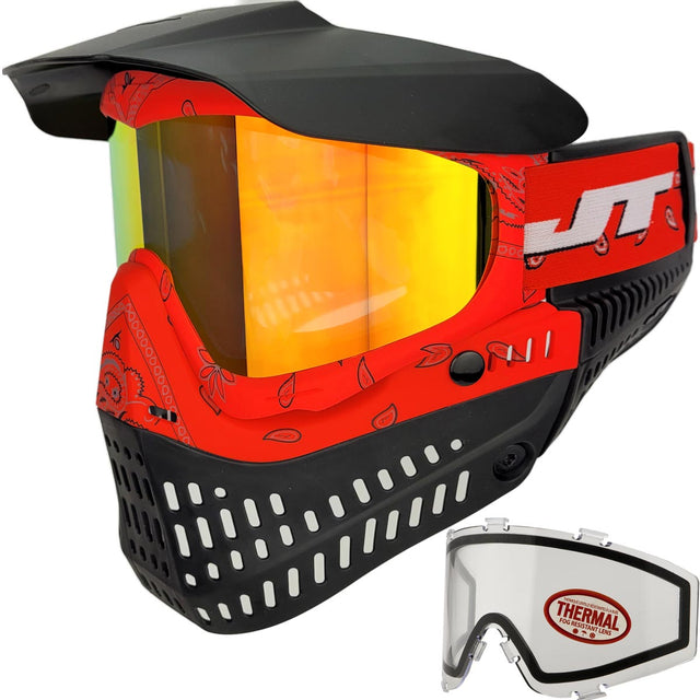 Red and black JT ProFlex Bandana Goggle Red w Hi Def and Clear Lens paintball mask with yellow orange lens on a white background