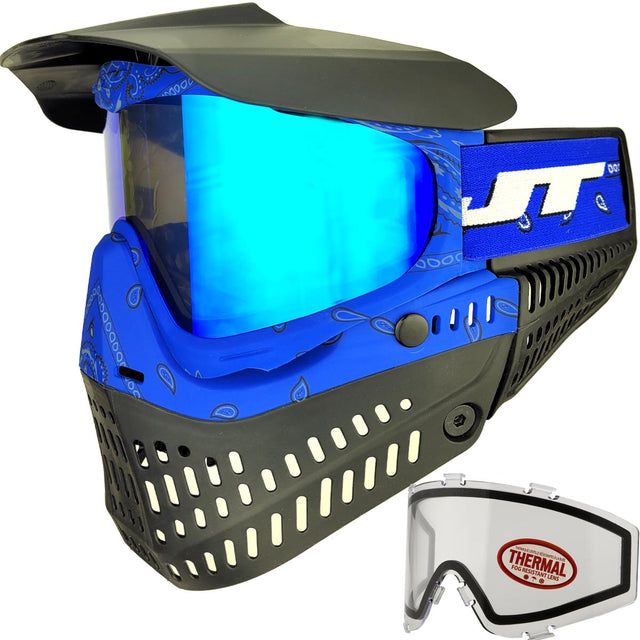 Blue and black JT ProFlex Bandana Goggle Blue w Sky and Clear Lens paintball mask with JT logo on a white background