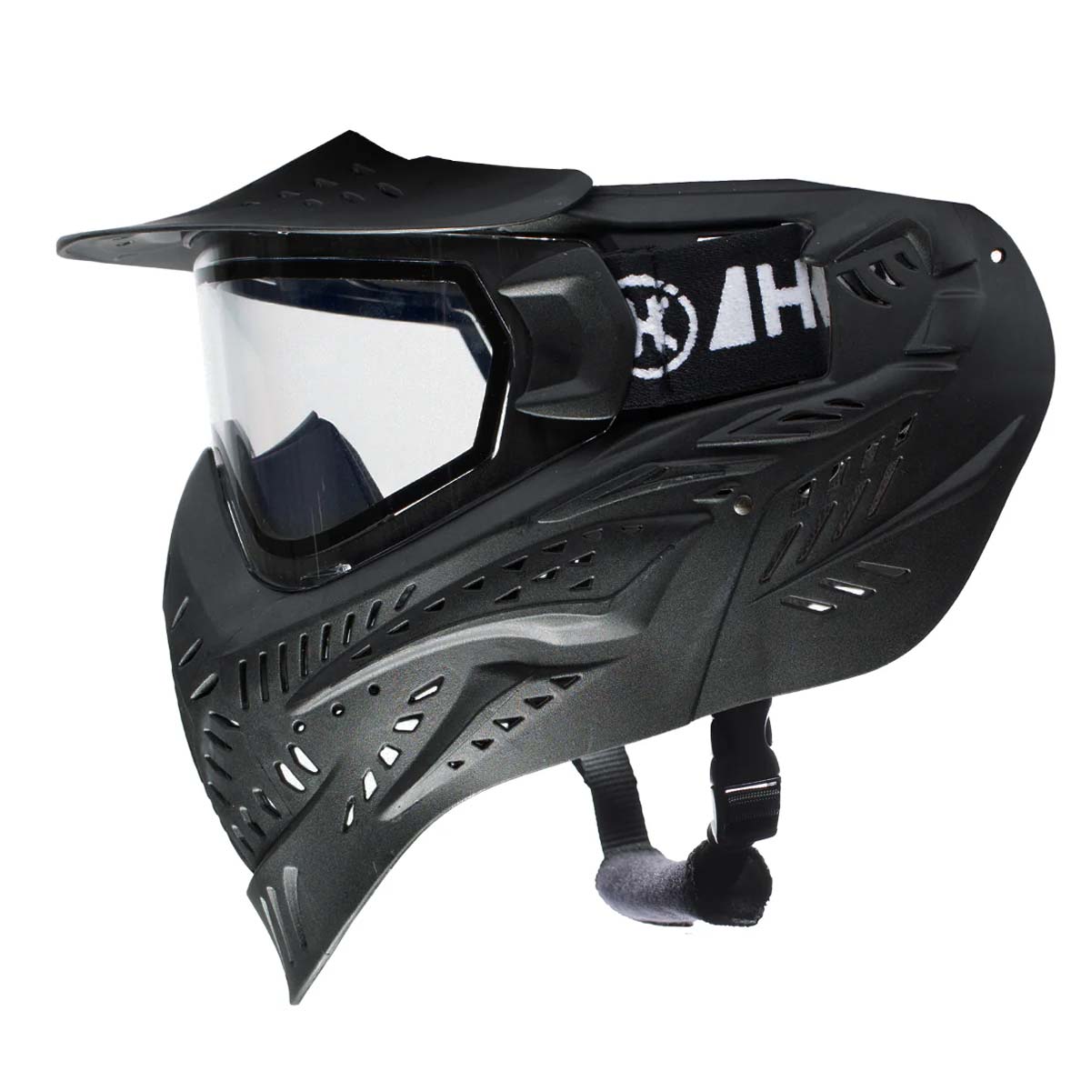 Left profile Black HK Army HSTL Thermal Paintball Goggle mask with a clear lens and white AK logo on the side, shown against a plain white background.