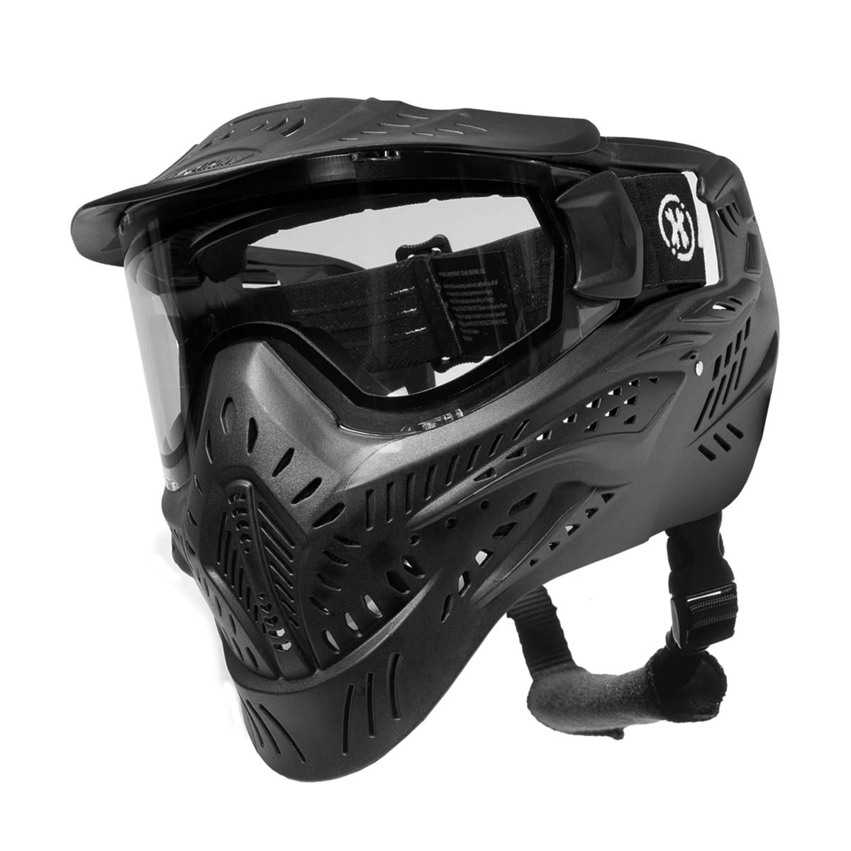Left angle Black HK Army HSTL Thermal Paintball Goggle mask with a clear lens and white AK logo on the side, shown against a plain white background.