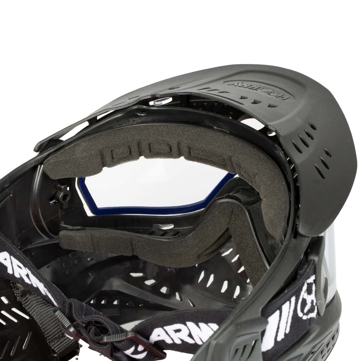 Inside foam Black HK Army HSTL Thermal Paintball Goggle mask with a clear lens and white AK logo on the side, shown against a plain white background.