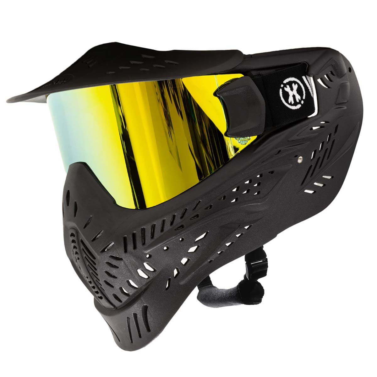 Black HK Army HSTL Thermal Paintball Goggle mask with a gold lens and white AK logo on the side, shown against a plain white background.