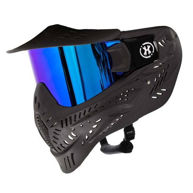 Black HK Army HSTL Thermal Paintball Goggle mask with a blue lens and white AH logo on the side, shown against a plain white background.