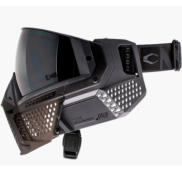 left side Black and opaque brown paintball goggle CRBN Zero PRO Goggle Graphite Less Coverage on a white background