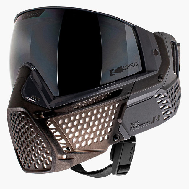 Side angle Black and opaque brown paintball goggle CRBN Zero PRO Goggle Graphite Less Coverage on a white background