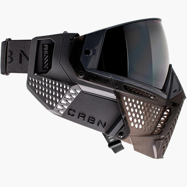Right side Black and opaque brown paintball goggle with a black lens CRBN Zero PRO Goggle Graphite More Coverage on a white background