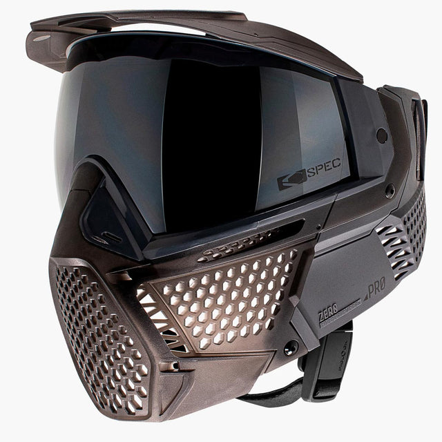 Side angle of Black and opaque brown paintball goggle with a black lens CRBN Zero PRO Goggle Graphite More Coverage on a white background