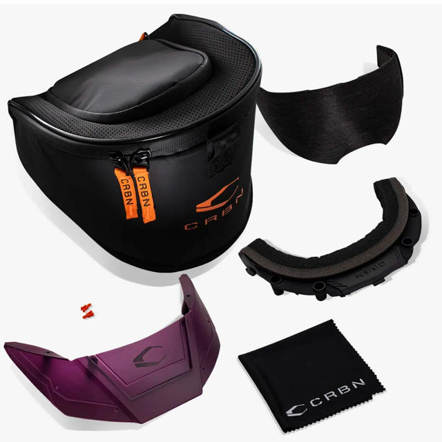 Case, visor, foam, wipe, extra lens for a Purple pink goggle CRBN Zero PRO Goggle Violet Less Coverage on a white background