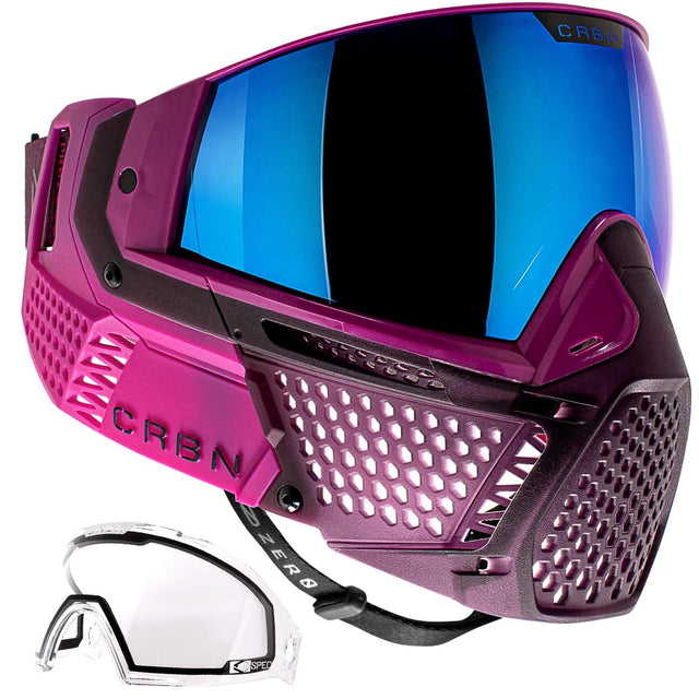Purple pink goggles with blue lenses and a seperate clear lens CRBN Zero PRO Goggle Violet Less Coverage on a white background