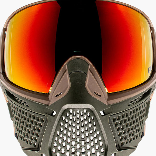 Front of Green and tan paintball goggle with red orange lens CRBN Zero PRO Goggle Safari More Coverage on a white background