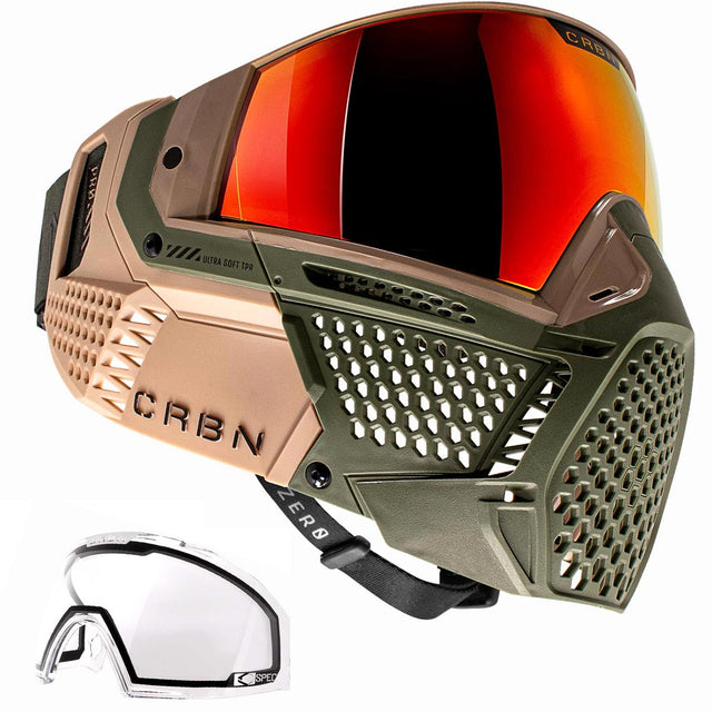 Green and tan paintball goggle with red orange lens CRBN Zero PRO Goggle Safari More Coverage on a white background