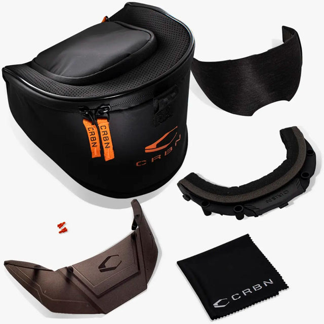 Case, visor, extra lens, wipe and foam for Orange and brown paintball goggle with an orange lens CRBN Zero PRO Goggle Blaze Orange More Coverage on a white background