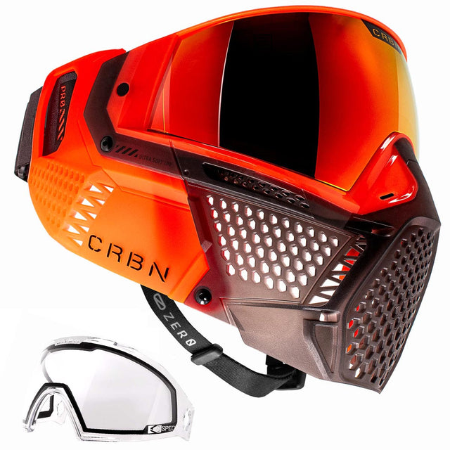 Orange and brown paintball goggle with an orange lens CRBN Zero PRO Goggle Blaze Orange More Coverage on a white background